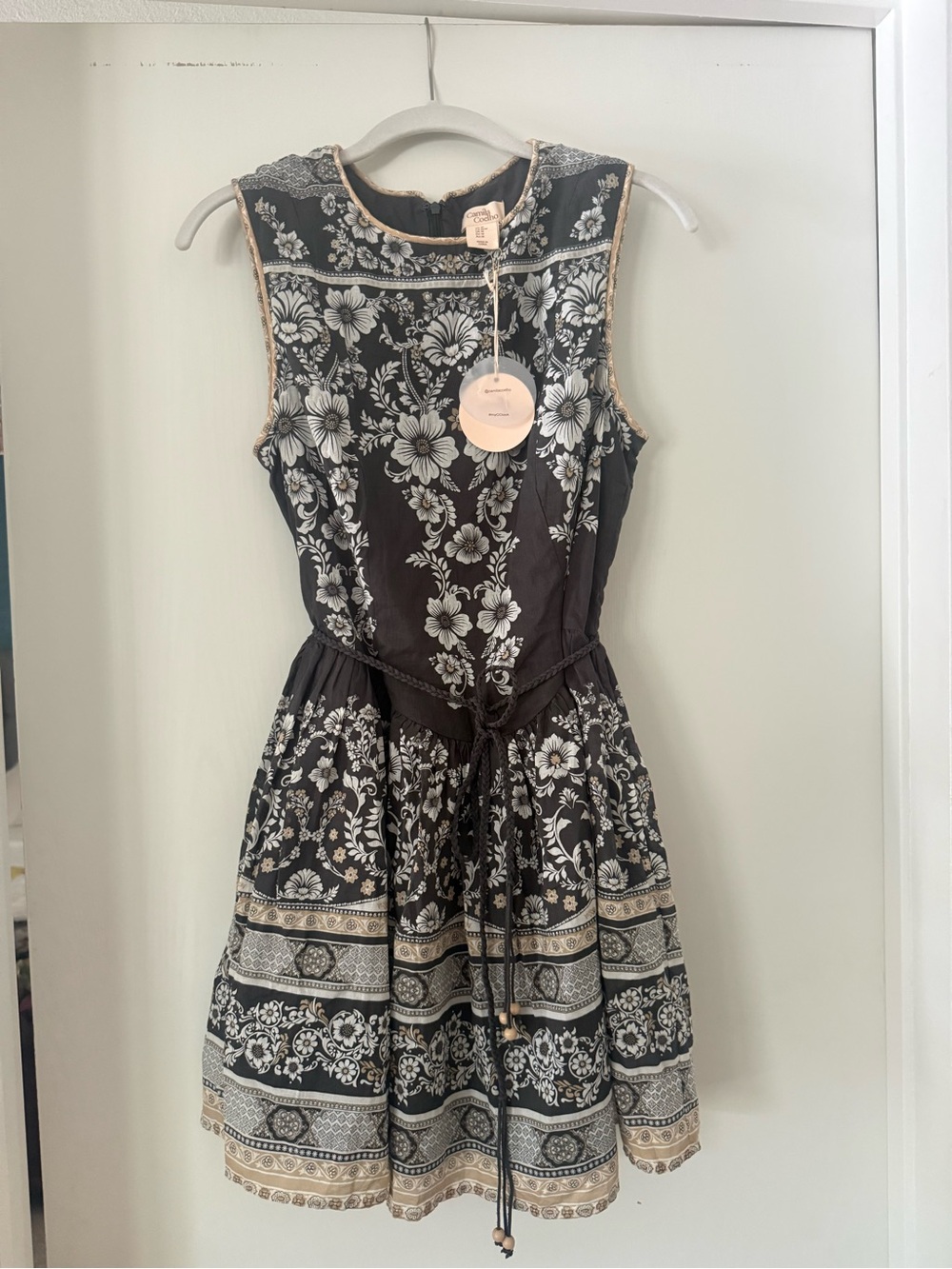 Camila Coelho Grey and White Sleeveless Floral Trim Mini Dress